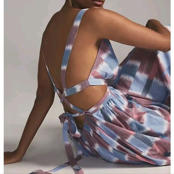 Anthropologie Deep-V Midi Cut Out Strappy Dress Blue Red Watercolor S - Picture 2 of 14